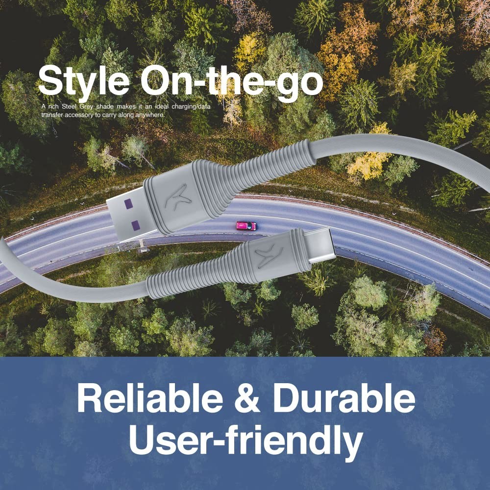 FINGERS Car Backseat-C9FL - Type-C Mobile Cable (9 feet long | Fast Charging up to 5.0 A Max | Fast Data Transfer) - Steel Grey