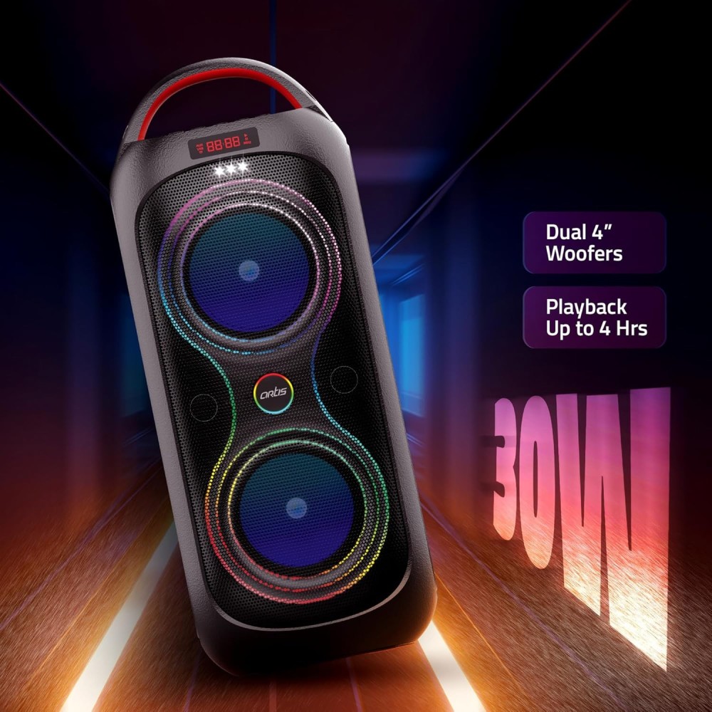 Artis MS309 Wireless Bluetooth Party Speaker with RGB Glow Lights, Bluetooth Connectivity, USB Input, FM Radio, TF Card Reader, Aux Port, & Wired mic (30W RMS)