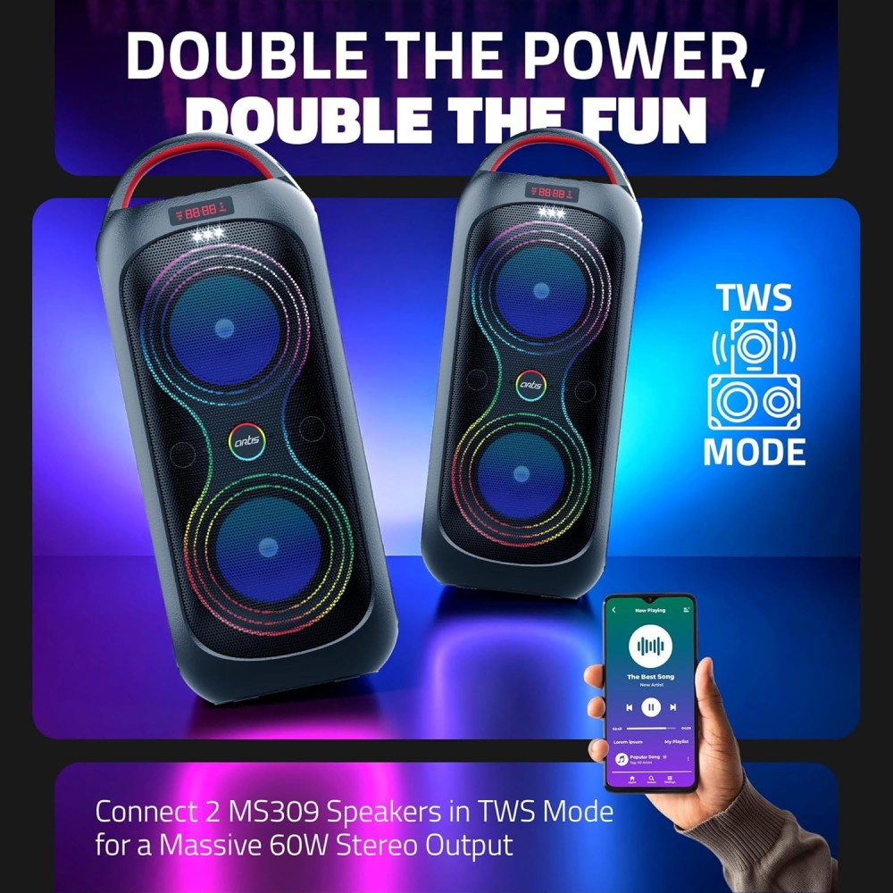 Artis MS309 Wireless Bluetooth Party Speaker with RGB Glow Lights, Bluetooth Connectivity, USB Input, FM Radio, TF Card Reader, Aux Port, & Wired mic (30W RMS)