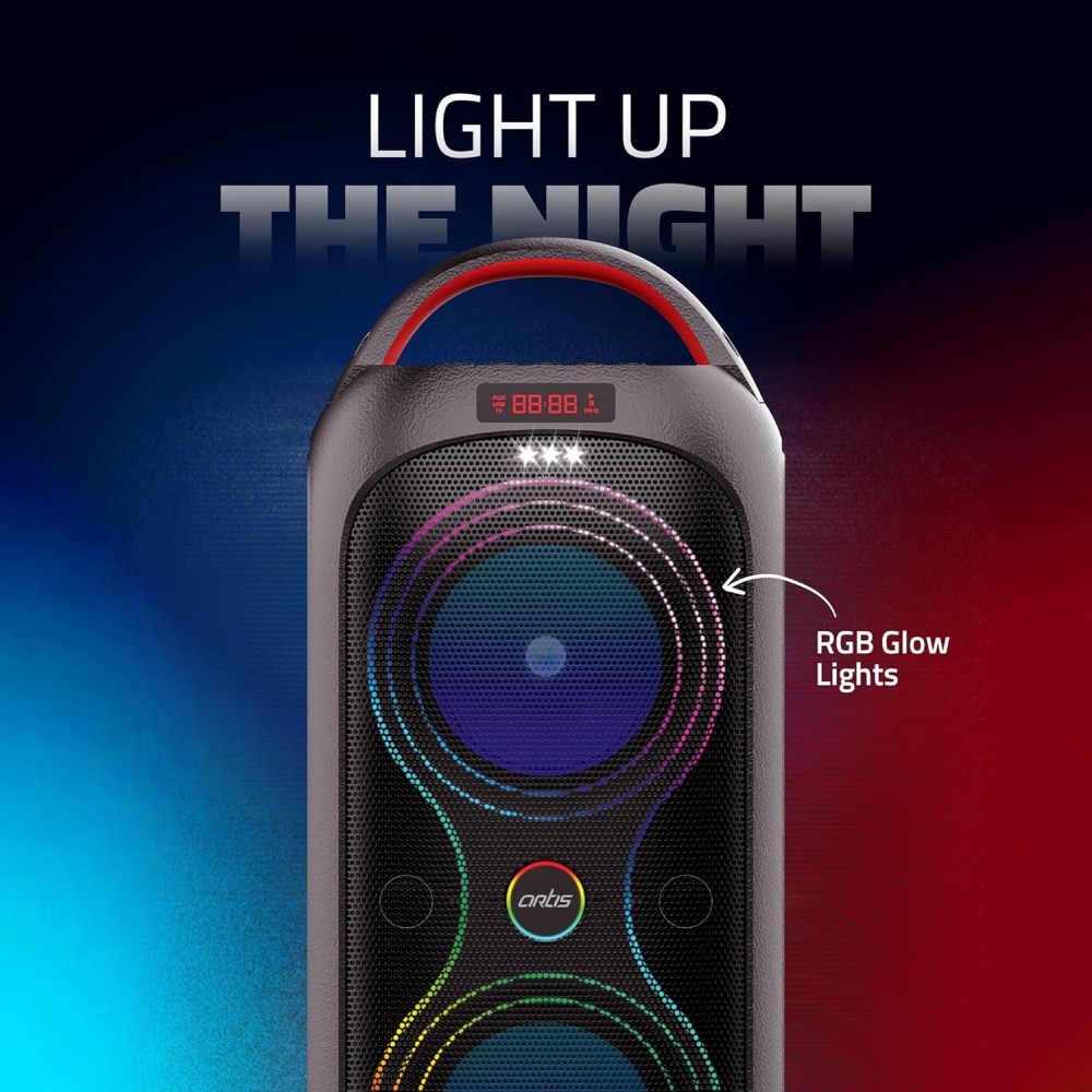 Artis MS309 Wireless Bluetooth Party Speaker with RGB Glow Lights, Bluetooth Connectivity, USB Input, FM Radio, TF Card Reader, Aux Port, & Wired mic (30W RMS)