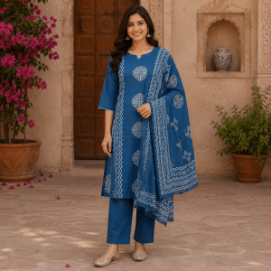 Beautiful Plus Size Dark Blue Cotton Blend Printed 3 Piece Suit Set for Women with Dupatta, Ethnic Kurta, Pant & Dupatta - (CMHT0573)