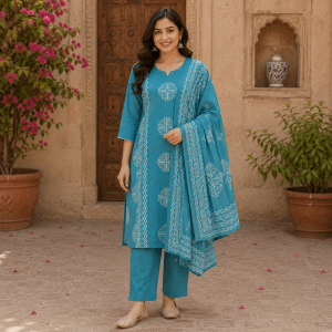 Beautiful Plus Size Lite Blue Cotton Blend Printed 3 Piece Suit Set for Women with Dupatta, Ethnic Kurta, Pant & Dupatta - (CMHT0572)