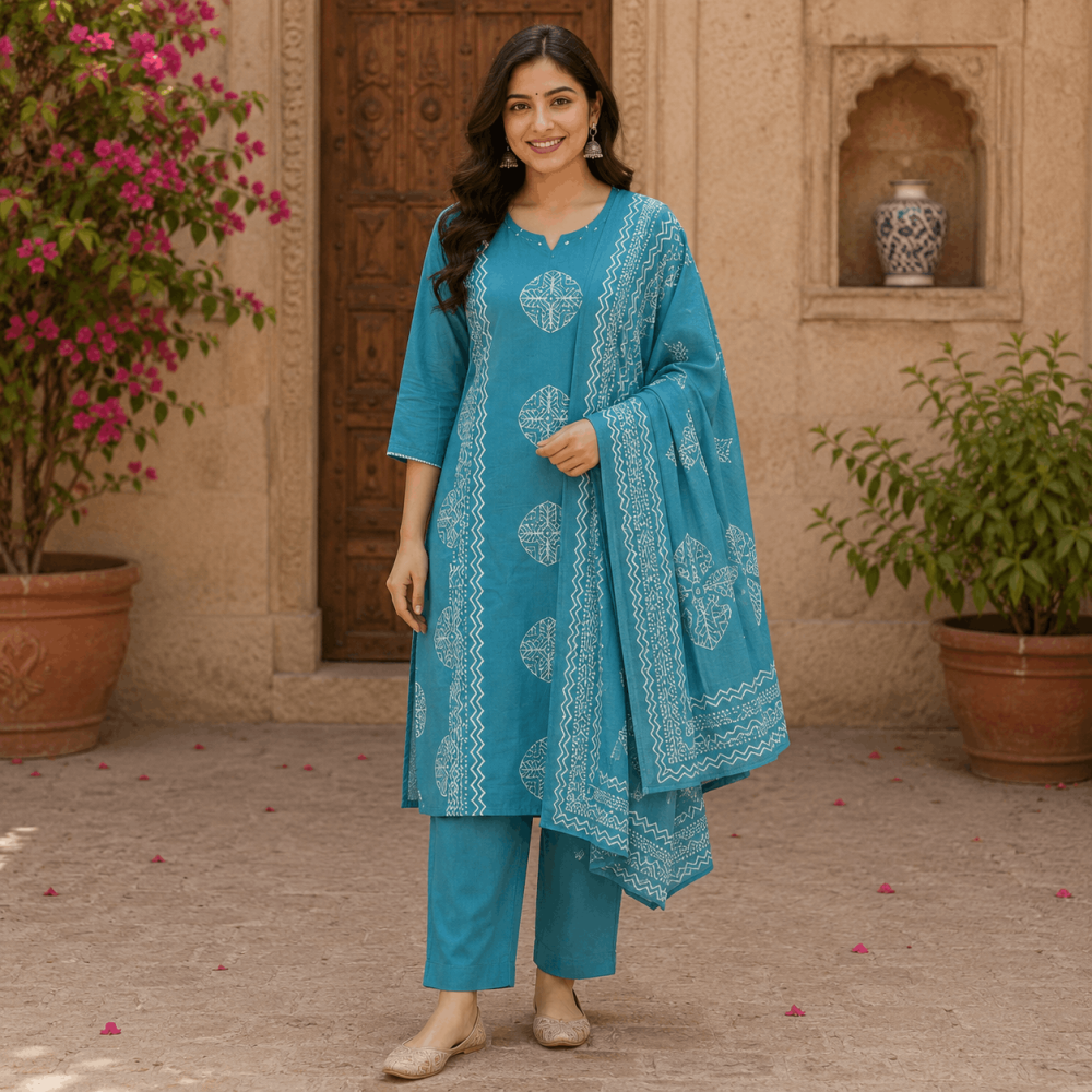 Beautiful Plus Size Lite Blue Cotton Blend Printed 3 Piece Suit Set for Women with Dupatta, Ethnic Kurta, Pant & Dupatta - (CMHT0572)