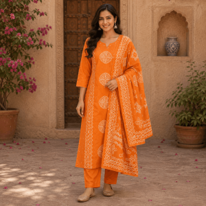 Beautiful Plus Size Dark Yellow Cotton Blend Printed 3 Piece Suit Set for Women with Dupatta, Ethnic Kurta, Straight Pant & Dupatta, Traditional Indian Wear - (CMHT0571)