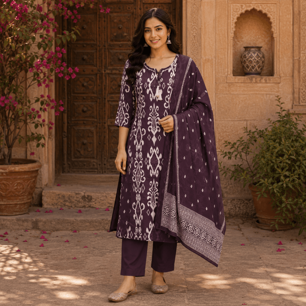Beautiful Plus Size Dark Wine Cotton Blend Printed 3 Piece Suit Set for Women with Dupatta, Ethnic Kurta, Straight Pant & Dupatta, Traditional Indian Wear - (CMHT0570)