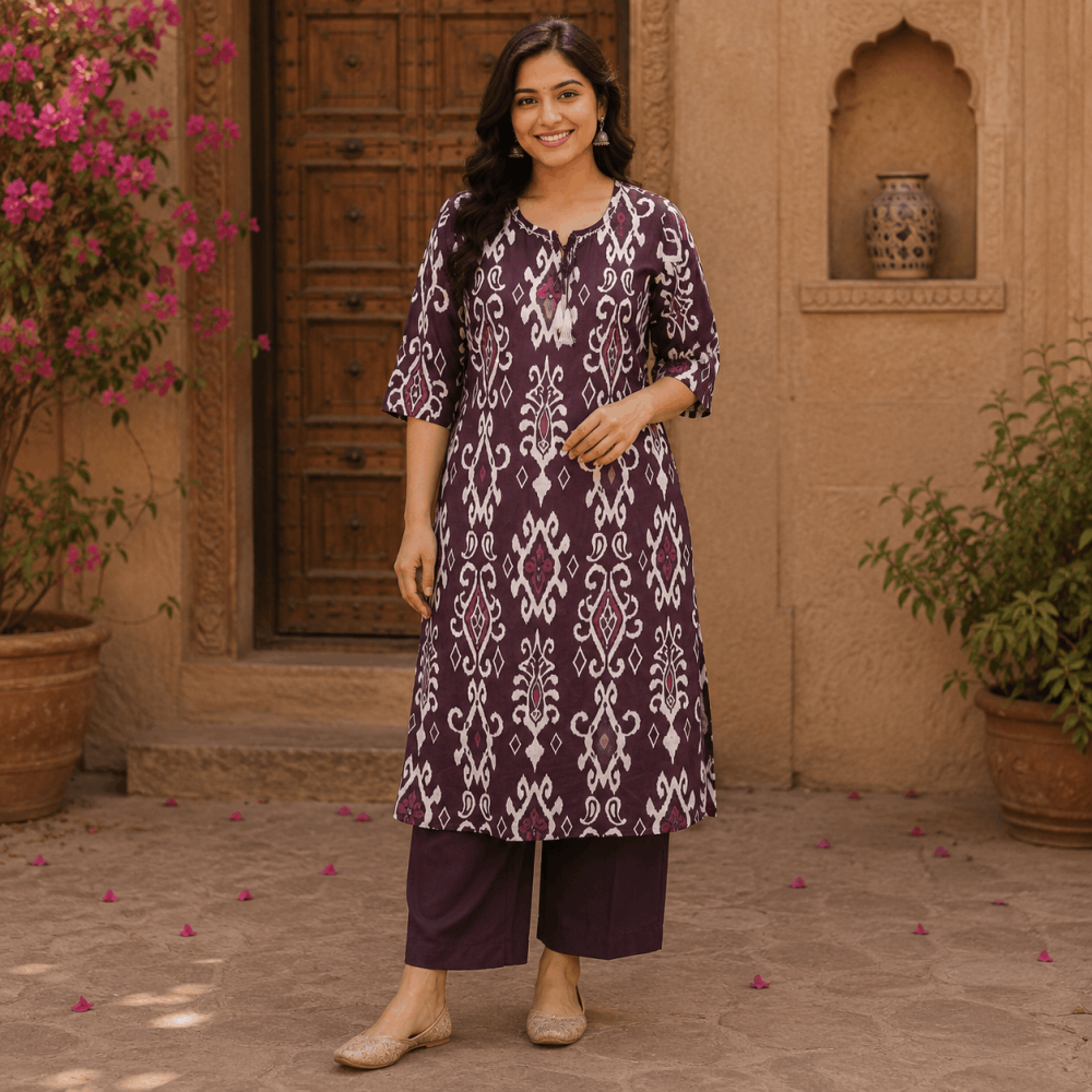 Beautiful Plus Size Dark Wine Cotton Blend Printed 3 Piece Suit Set for Women with Dupatta, Ethnic Kurta, Straight Pant & Dupatta, Traditional Indian Wear - (CMHT0570)