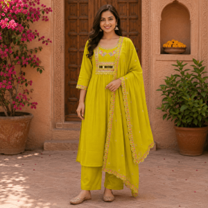 Women's Beautiful Plus Size Lime Green Embroidered 3 Piece Kurta Set with Dupatta & Straight Pant, Ethnic Wear - (CMHT0548)