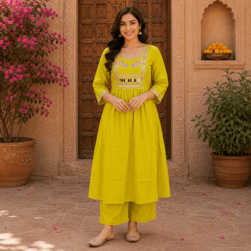 Women's Beautiful Plus Size Lime Green Embroidered 3 Piece Kurta Set with Dupatta & Straight Pant, Ethnic Wear - (CMHT0548)