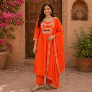 Beautiful Plus Size Bright Orange Embroidered 3 Piece Suit Set for Women with Dupatta, Ethnic Kurta, Straight Pant & Dupatta, Traditional Indian Wear - (CMHT0547)