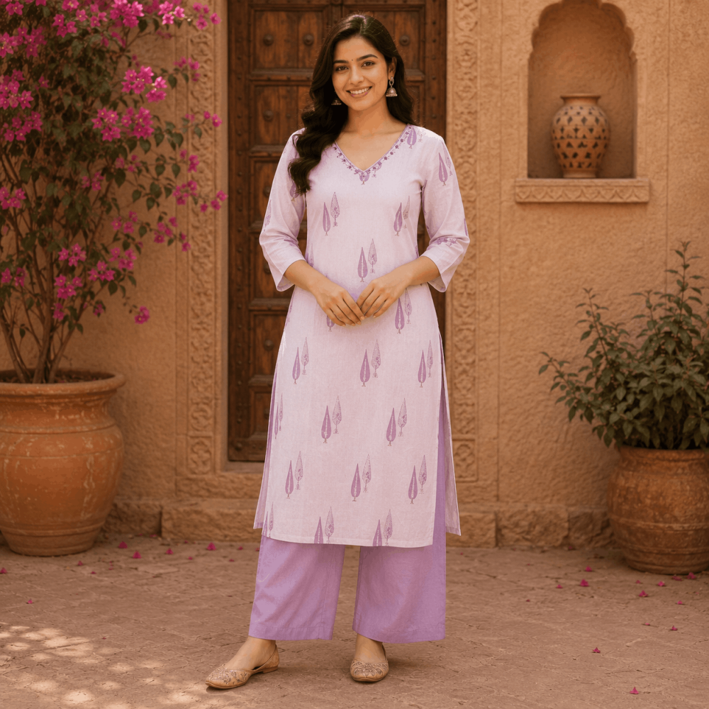 Beautiful Plus Size Soft Lavender Printed 3 Piece Suit Set for Women with Dupatta, Ethnic Kurta, Straight Pant & Dupatta, Traditional Indian Wear - (CMHT0544)