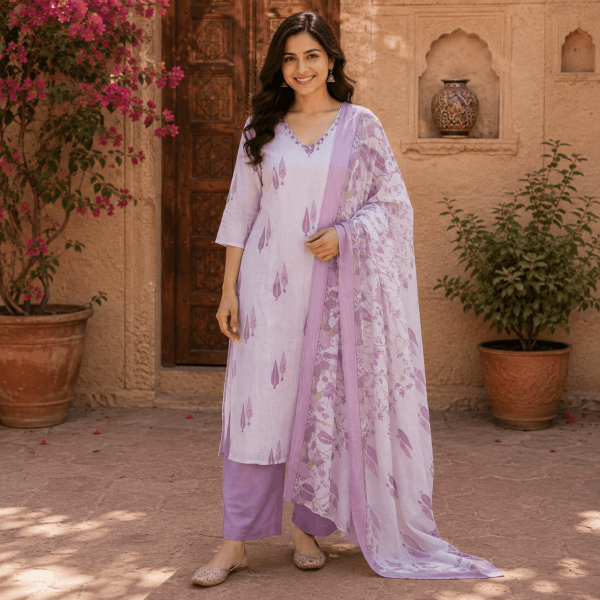 Beautiful Plus Size Soft Lavender Printed 3 Piece Suit Set for Women with Dupatta, Ethnic Kurta, Straight Pant & Dupatta, Traditional Indian Wear - (CMHT0544)