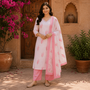 Beautiful Plus Size Peach Pink Printed 3 Piece Suit Set for Women with Dupatta, Ethnic Kurta, Straight Pant & Dupatta, Traditional Indian Wear - (CMHT0543)