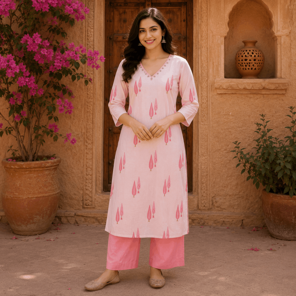 Beautiful Plus Size Peach Pink Printed 3 Piece Suit Set for Women with Dupatta, Ethnic Kurta, Straight Pant & Dupatta, Traditional Indian Wear - (CMHT0543)