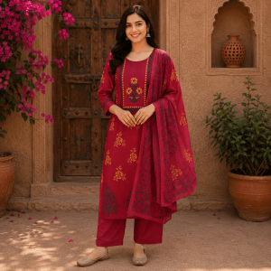 Beautiful Plus Size Light Reddish Maroon Printed 3 Piece Suit Set for Women with Dupatta, Ethnic Kurta, Straight Pant & Dupatta, Traditional Indian Wear - (CMHT0517)