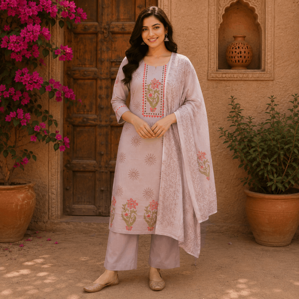 Beautiful Plus Size Beige Floral Printed 3 Piece Suit Set for Women with Dupatta, Ethnic Kurta, Straight Pant & Dupatta, Traditional Indian Wear - (CMHT0516)