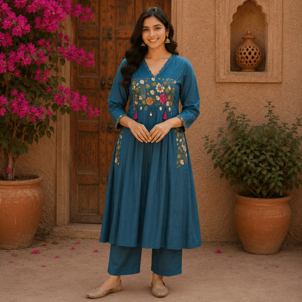 Beautiful Plus Size Blue Cotton Blend 3 Piece Kurta Set with Floral Embroidered Yoke, Straight Pants & Dupatta for Women , Ethnic Wear - (CMHT0465)