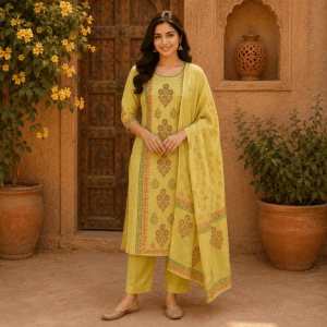 Beautiful Plus Size Light Green Printed 3 Piece Suit Set for Women with Dupatta, Ethnic Kurta, Straight Pant & Dupatta,  Traditional Indian Wear - (CMHT0457)