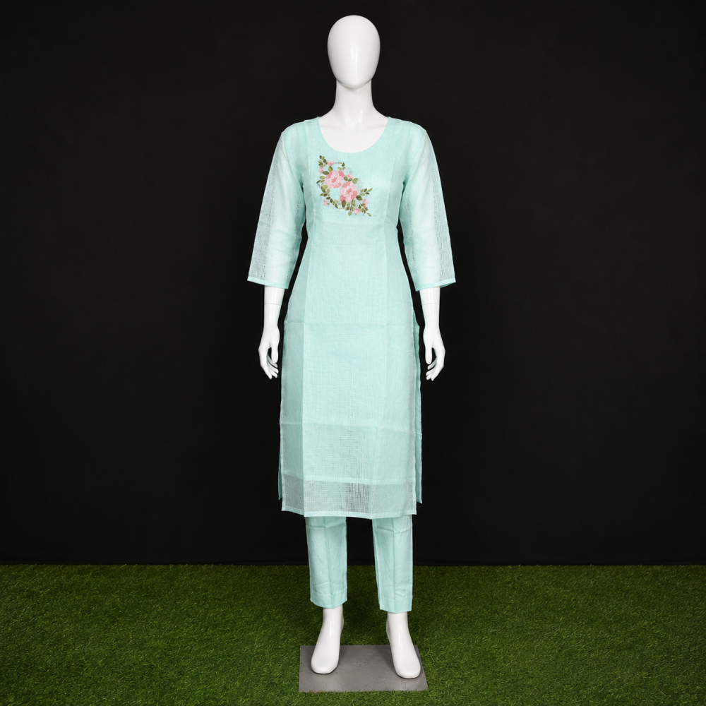 Beautiful Designer Sea Green Kota Cotton 3 Piece Suit Set for Women with Handwork Yoke, Embroidered Dupatta, Cotton Lining, Ethnic Salwar Suit, Traditional Indian Dress, Festive Wear, Casual 
