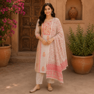 Beautiful Plus Size Half White & Red Cotton Printed 3 Piece Kurta Set with Dupatta & Pants for Women, Ethnic Wear - (CMHT0455)