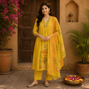 Beautiful Plus Size Mustard Yellow Cotton Printed 3 Piece Kurta Set with Pants & Dupatta for Women, Ethnic Wear - (CMHT0439)