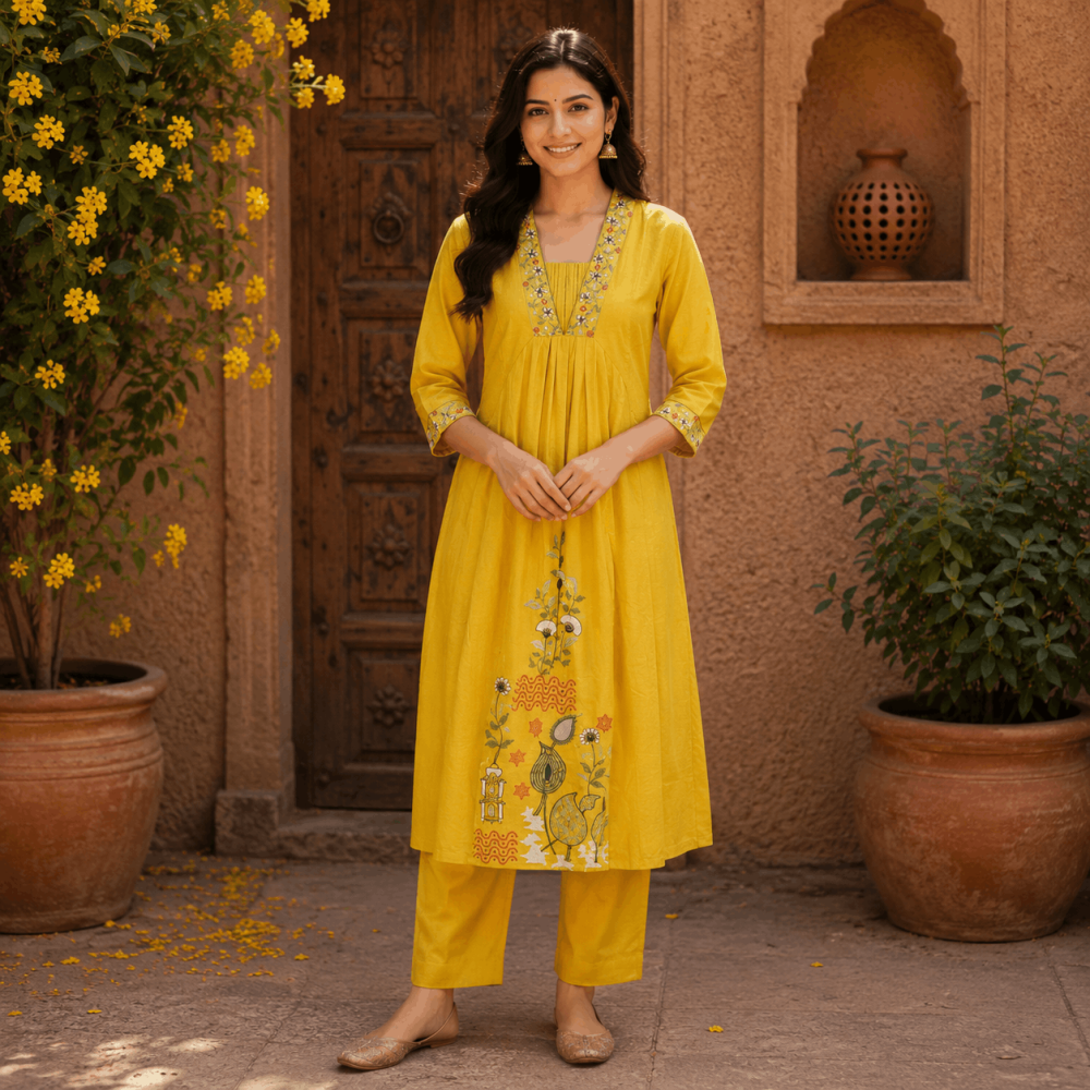 Beautiful Plus Size Mustard Yellow Cotton Printed 3 Piece Kurta Set with Pants & Dupatta for Women, Ethnic Wear - (CMHT0439)