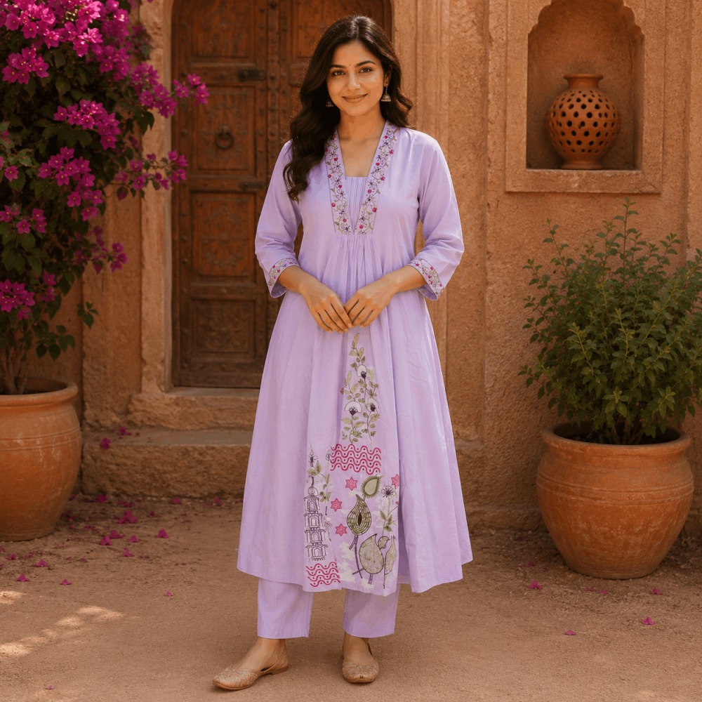 Beautiful Plus Size Lavender Cotton Printed & Embroidered 3 Piece Kurta Set with Pants & Dupatta for Women - (CMHT0438)