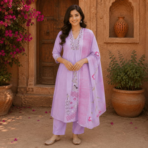Beautiful Plus Size Lavender Cotton Printed & Embroidered 3 Piece Kurta Set with Pants & Dupatta for Women - (CMHT0438)
