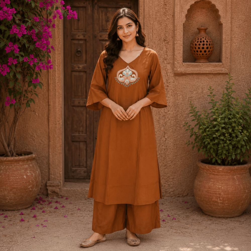 Beautiful Plus Size Brown Cotton Embroidered 3 Piece Kurta Set with Pants & Dupatta for Women, Ethnic Wear - (CMHT0437)