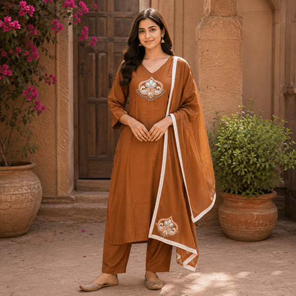 Beautiful Plus Size Brown Cotton Embroidered 3 Piece Kurta Set with Pants & Dupatta for Women, Ethnic Wear - (CMHT0437)