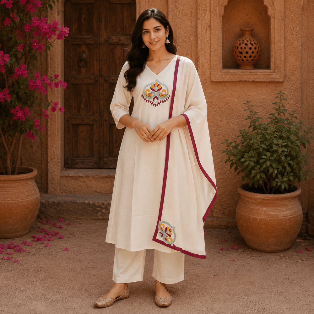 Beautiful Plus Size White Cotton Embroidered 3 Piece Kurta Palazzo & Dupatta Set for Women, Ethnic Wear - (CMHT0436)