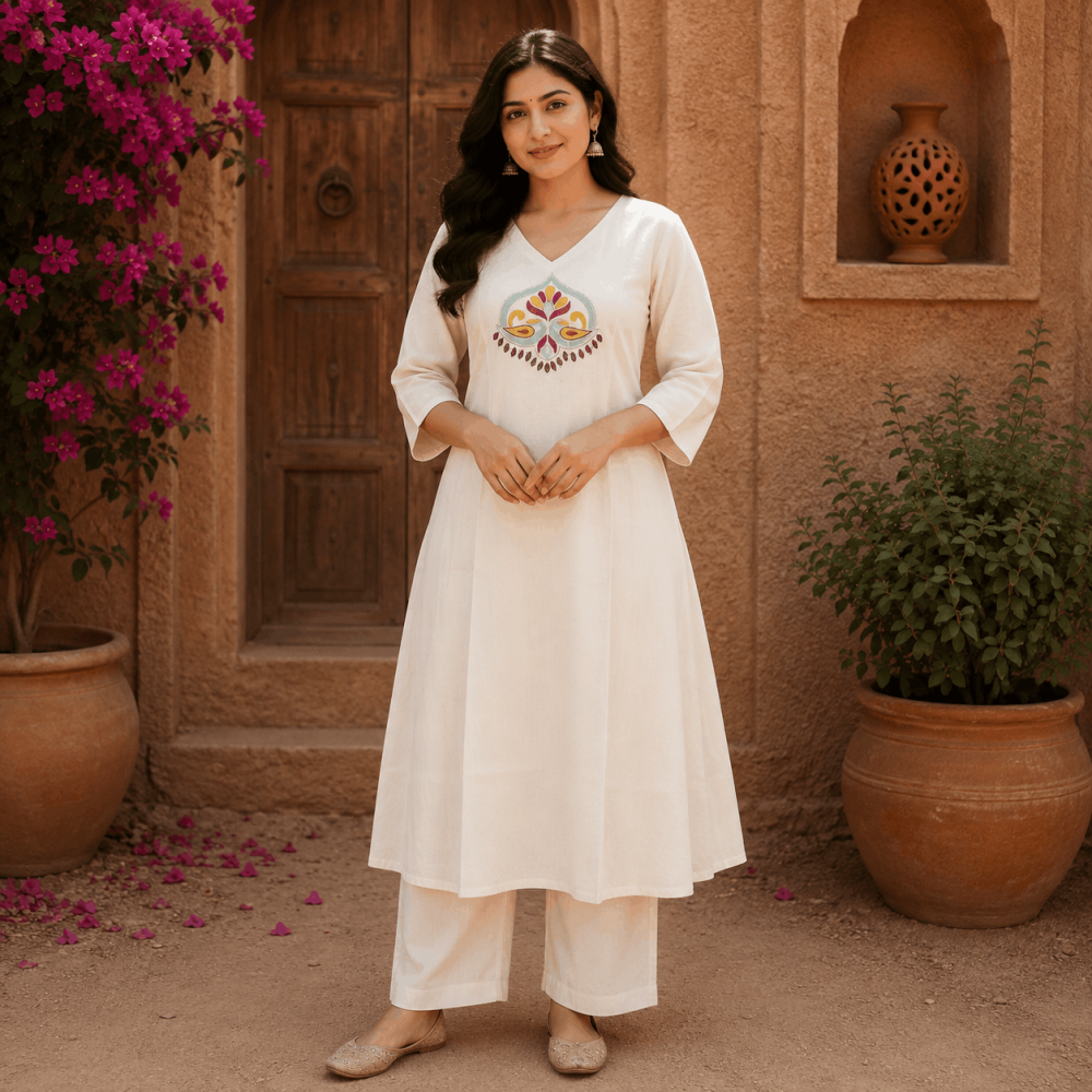 Beautiful Plus Size White Cotton Embroidered 3 Piece Kurta Palazzo & Dupatta Set for Women, Ethnic Wear - (CMHT0436)