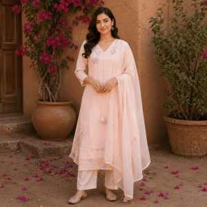 Beautiful Plus Size Mul Cotton Light Peach Embroidered 3 Piece Kurta Pant & Dupatta Set for Women, Ethnic Wear - (CMHT0423)