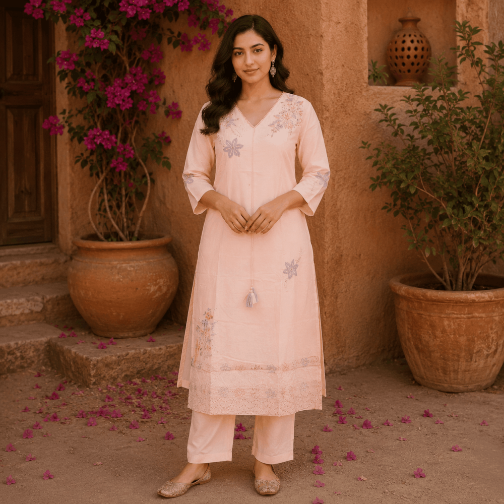 Beautiful Plus Size Mul Cotton Light Peach Embroidered 3 Piece Kurta Pant & Dupatta Set for Women, Ethnic Wear - (CMHT0423)