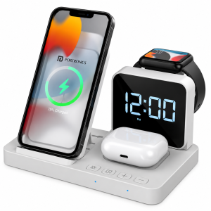 Portronics Bella 15W 3-in-1 Magnetic Wireless Charger Stand for iPhone 15/14/13, Apple Watch & AirPods – Fast Charging Doc - (White)
