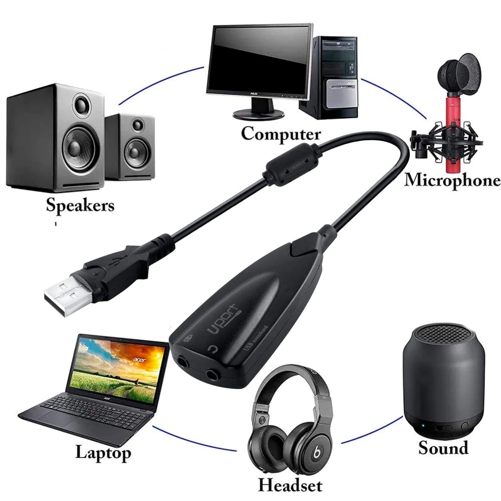 UPORT USB to 3.5mm Audio Adapter, USB Sound Card with Headphone & Microphone Jack, USB to AUX Converter for Windows, Mac & Linux