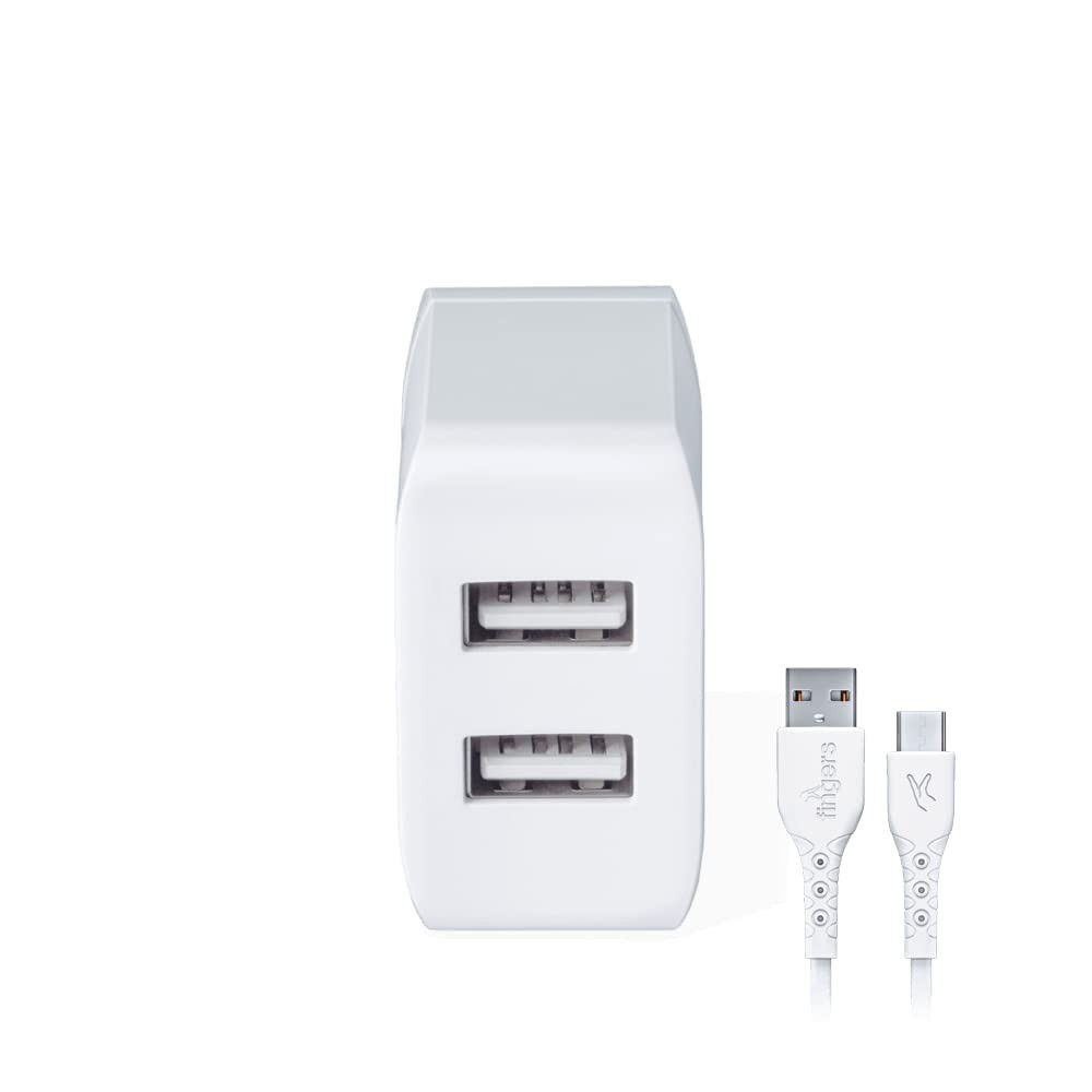 FINGERS PA-Dual USB Power Charger Adapter 12 W for Mobile Phones with Micro USB Cable - White