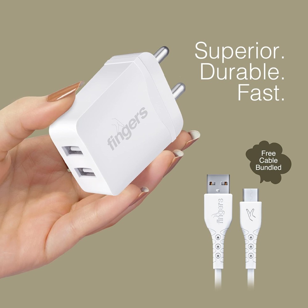 FINGERS PA-Dual USB Power Charger Adapter 12 W for Mobile Phones with Micro USB Cable - White