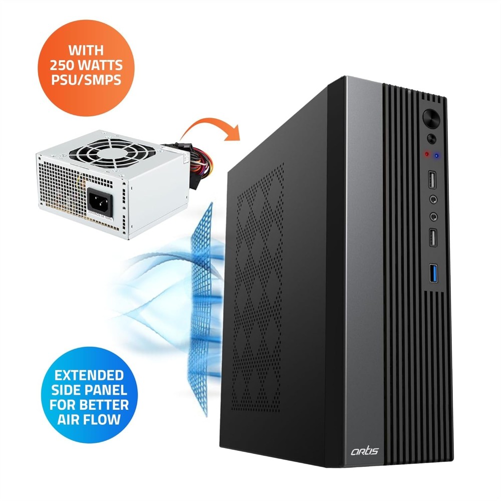 Artis Atom 3.0 Slim Computer Cabinet Support Micro ATX/ITX Motherboard,1 x 60 mm Fan with VIP 250 Watt Power Supply