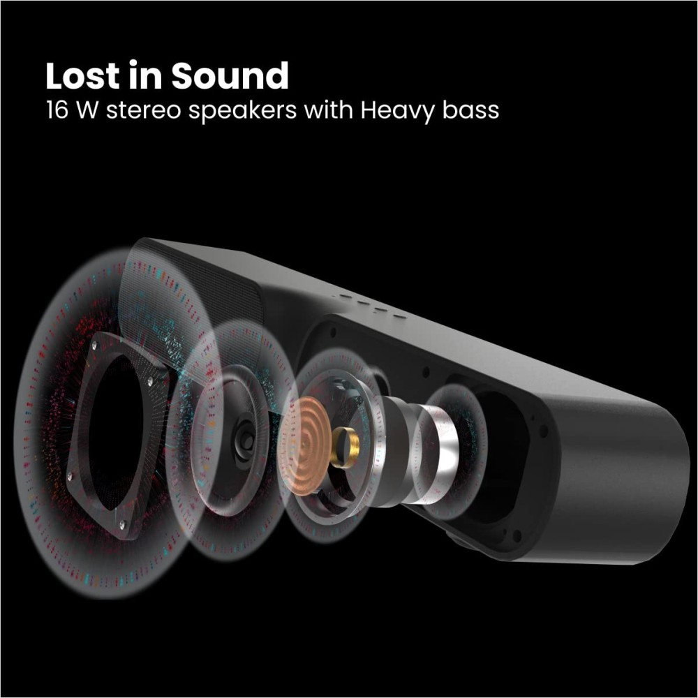 Portronics Decibel 20 16W Wireless Bluetooth Soundbar, 3.5mm Aux Slot, HQ Stereo Sound, Long Playtime(Black)