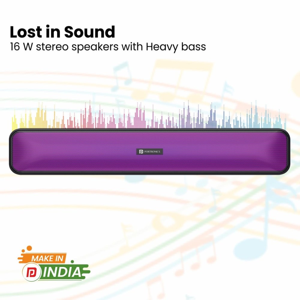 Portronics Radian 16W Bluetooth Stereo Soundbar with Multicolour LED Lights, in-Built FM Radio, Built in Mic, Aux in 3.5mm, Micro SD Slot(Black)