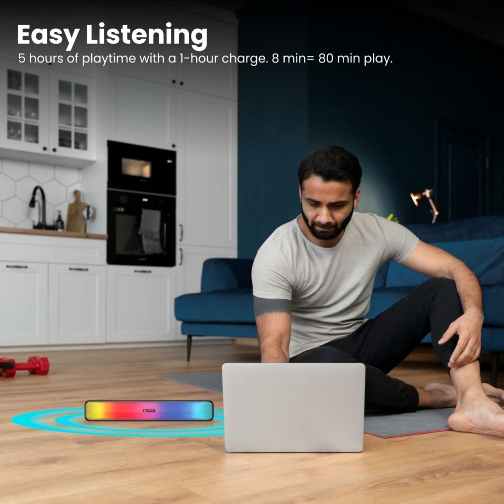 Portronics Radian 16W Bluetooth Stereo Soundbar with Multicolour LED Lights, in-Built FM Radio, Built in Mic, Aux in 3.5mm, Micro SD Slot(Black)