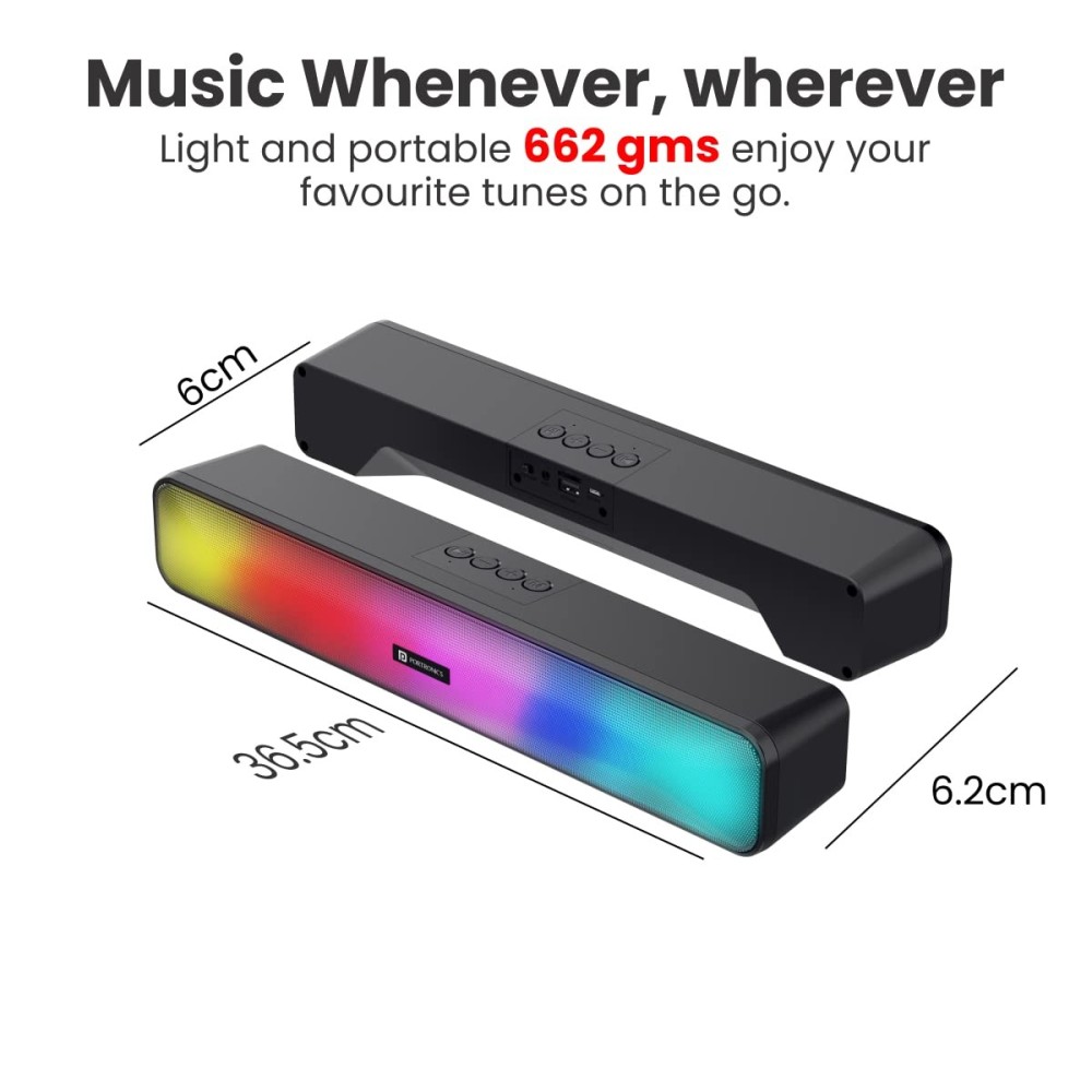 Portronics Radian 16W Bluetooth Stereo Soundbar with Multicolour LED Lights, in-Built FM Radio, Built in Mic, Aux in 3.5mm, Micro SD Slot(Black)