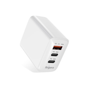 FINGERS PA-765 Mobile Adapter (65W Fast Charging, Triple Ports (2 x USB-C Ports & 1x USB-A), GaN Technology, PPS Support, BIS Certified, Fire Retardant) Classic White