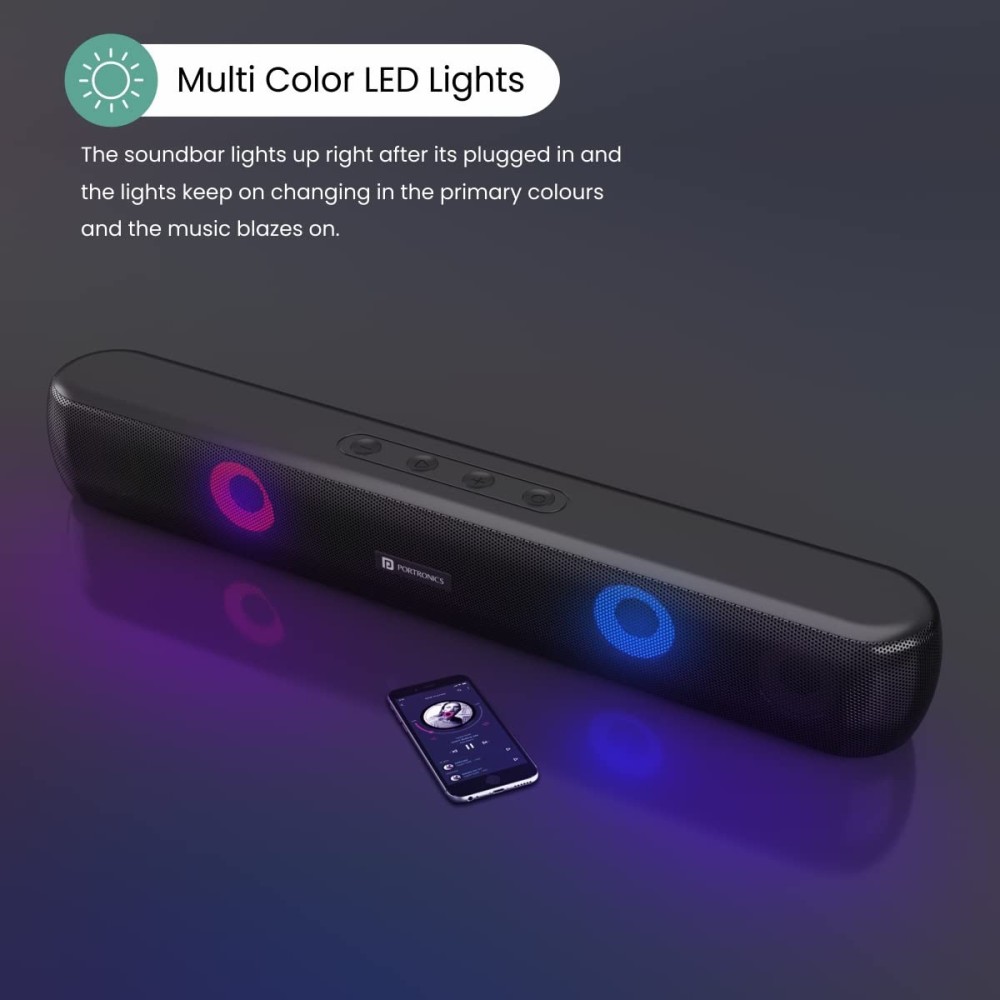 Portronics Decibel 21 10W Wireless Bluetooth Soundbar with LED Lights, TWS Function, Built-in Mic, Built-in FM Radio, USB Port, 3.5mm Aux Slot, Micro SD Slot(Black)