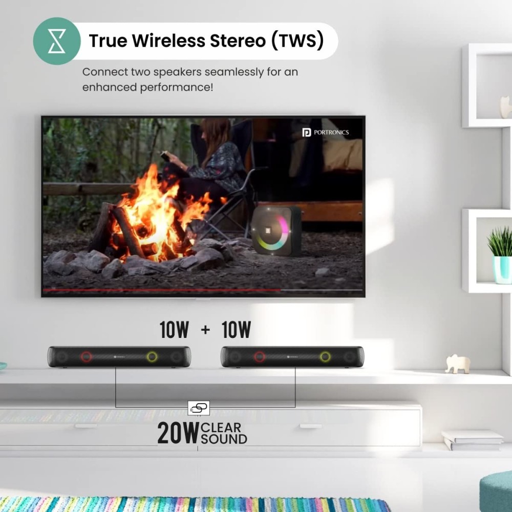 Portronics Decibel 21 10W Wireless Bluetooth Soundbar with LED Lights, TWS Function, Built-in Mic, Built-in FM Radio, USB Port, 3.5mm Aux Slot, Micro SD Slot(Black)