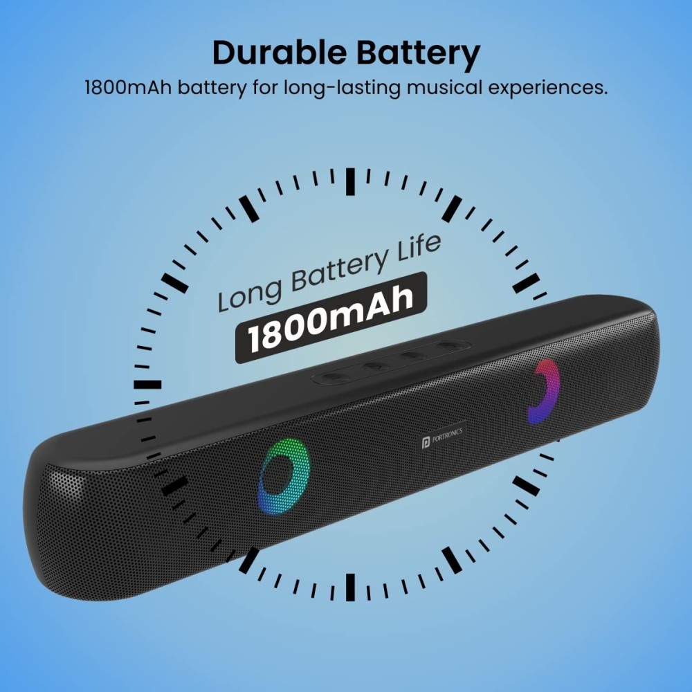 Portronics Decibel 21 10W Wireless Bluetooth Soundbar with LED Lights, TWS Function, Built-in Mic, Built-in FM Radio, USB Port, 3.5mm Aux Slot, Micro SD Slot(Black)