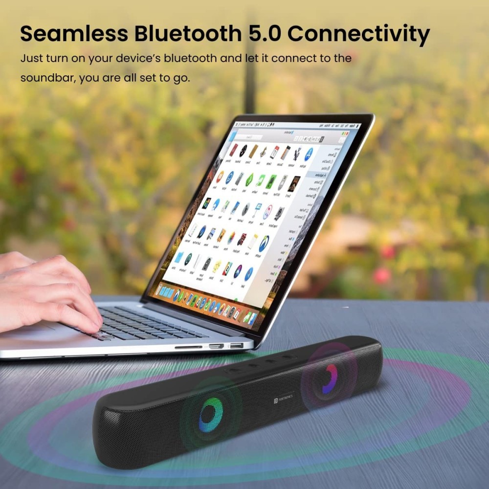 Portronics Decibel 21 10W Wireless Bluetooth Soundbar with LED Lights, TWS Function, Built-in Mic, Built-in FM Radio, USB Port, 3.5mm Aux Slot, Micro SD Slot(Black)