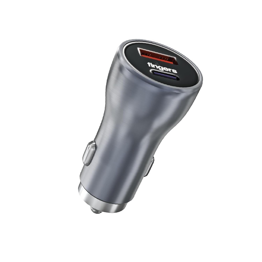 FINGERS DoublePower 50W Dual Port Car Charger with USB-C PD & USB-A QC Fast Charging, AI Intelligent Chipset, Compatible with Smartphones, Tablets & Smartwatches - (Grey)