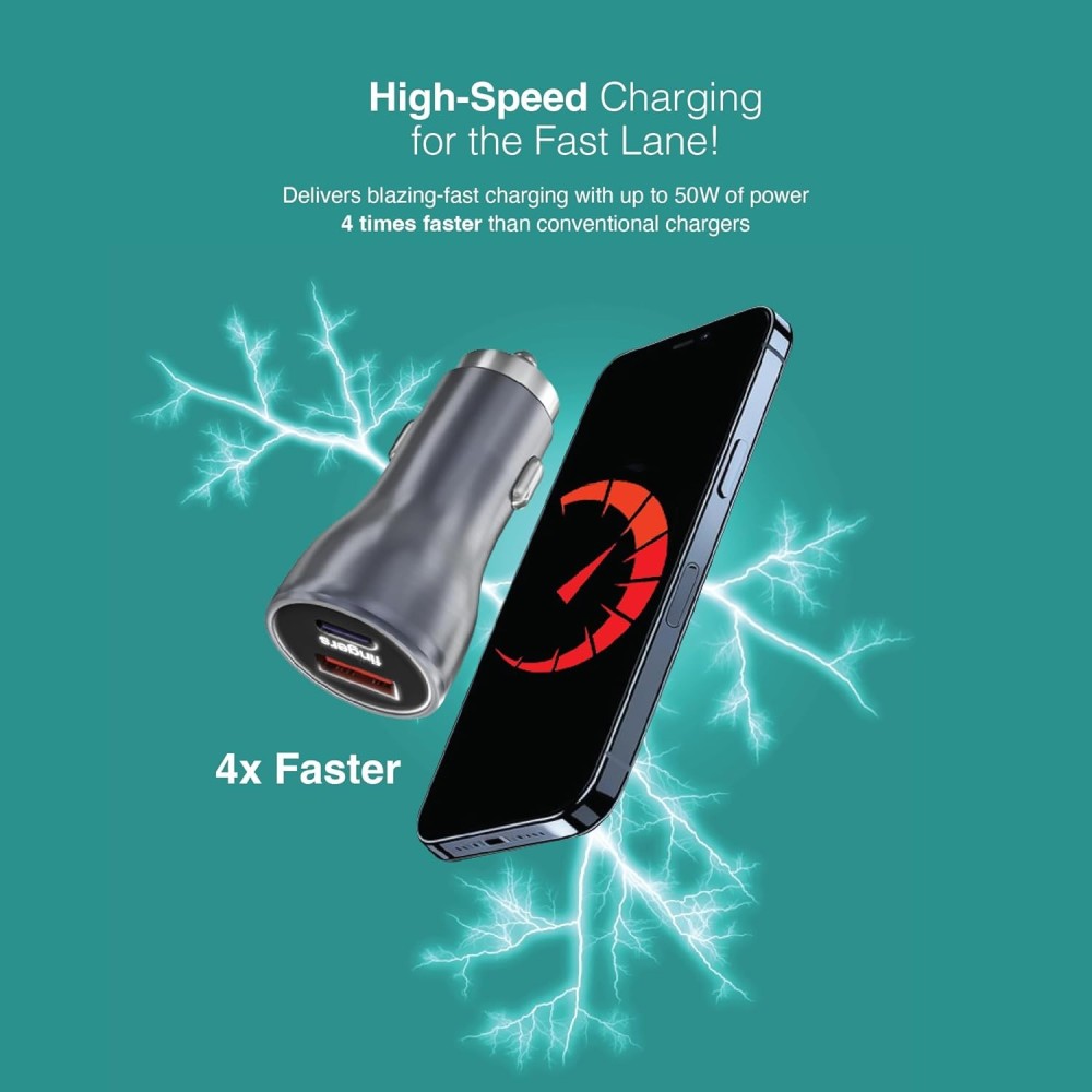 FINGERS DoublePower 50W Dual Port Car Charger with USB-C PD & USB-A QC Fast Charging, AI Intelligent Chipset, Compatible with Smartphones, Tablets & Smartwatches - (Grey)