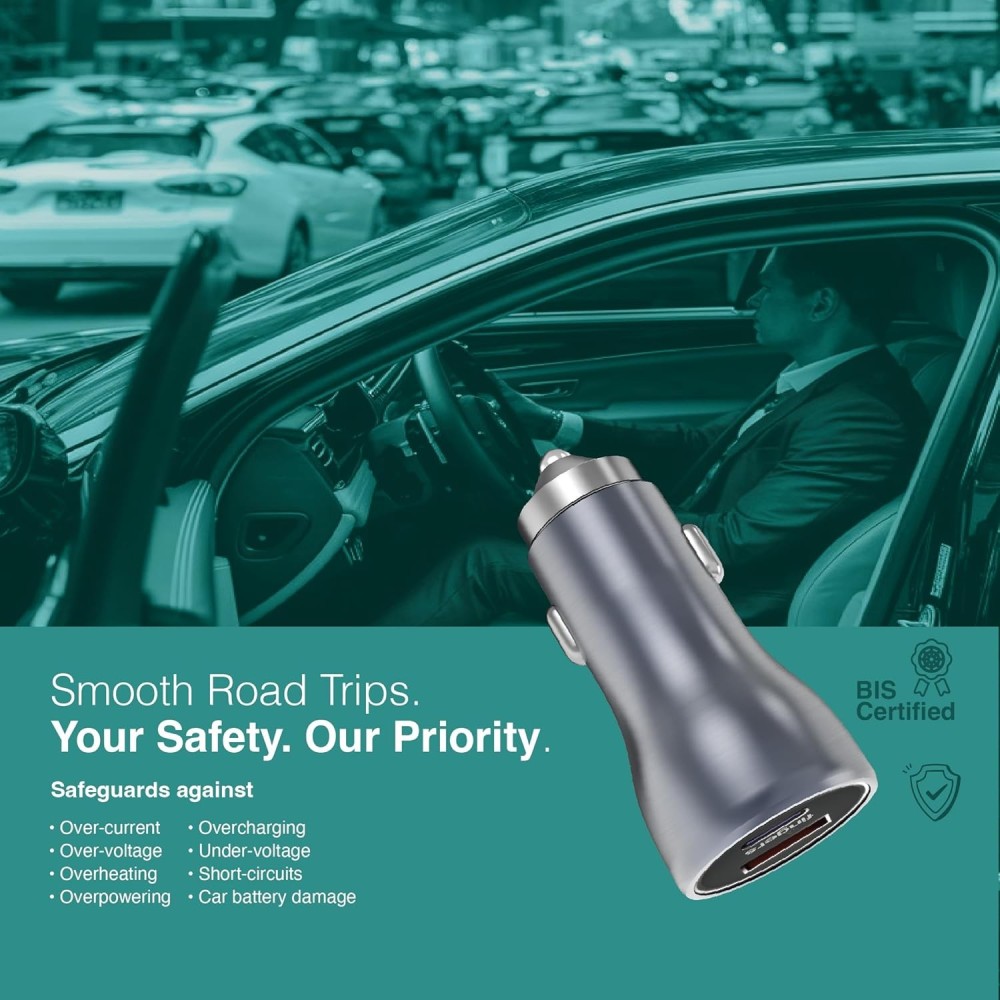 FINGERS DoublePower 50W Dual Port Car Charger with USB-C PD & USB-A QC Fast Charging, AI Intelligent Chipset, Compatible with Smartphones, Tablets & Smartwatches - (Grey)